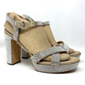 Maripe Leilani Women Rhinestone Platform Block Heel Silver Sz 11 Formal Wedding